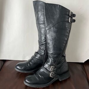 Diba Black Knee-High Buckled Riding Boots with Side Zipper